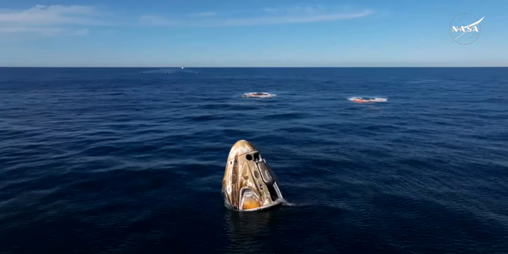 The SpaceX Dragon Freedom spacecraft after it splashed down in the Gulf of Mexico