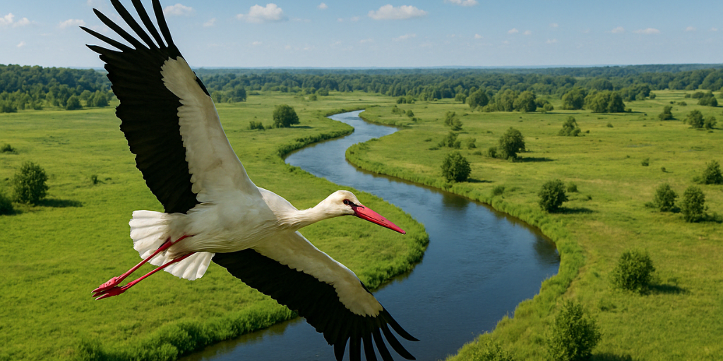 GPT-generated image showing a white stork flying over a meandering river in an unconfined river valley