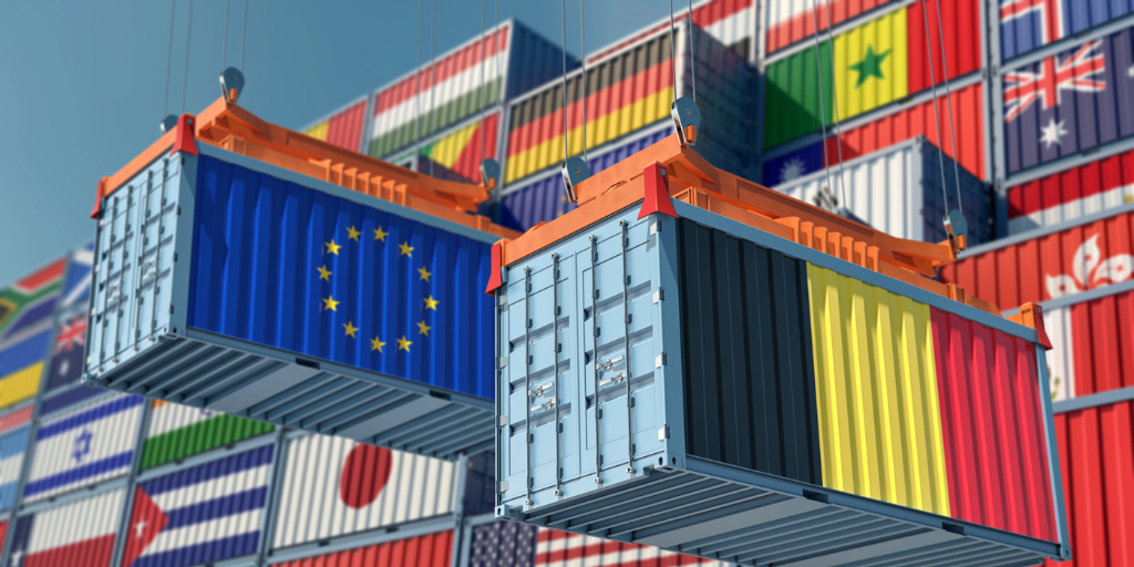 A depiction of shipping containers with country flags on them